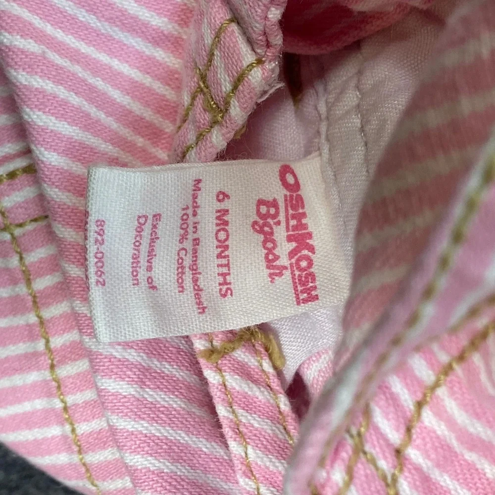 OshKosh B gosh Overalls Sz 6M Baby Girls Pink Stripe Butterfly Ruffle Bib Pants